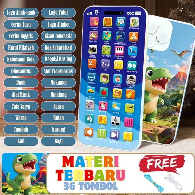 Mainan HP Edukasi Balita Baby Smart Phone Muslim Bersuara 36 Tombol Music Light Bisa Recharge USB