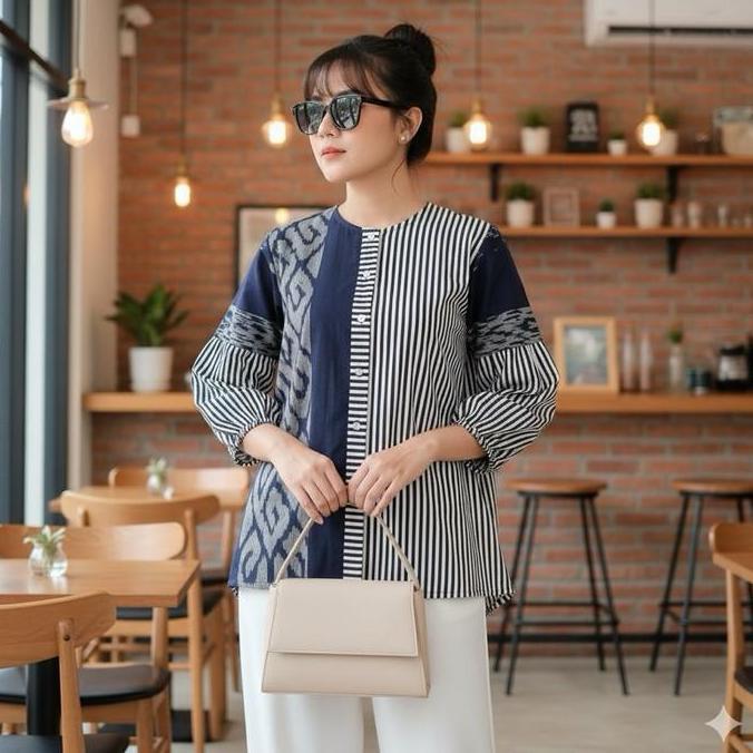 TERKINI Shanaya Baju Batik Wanita Blus Tenun troso salur mix katun fashion blouse Kerja seragam Cant