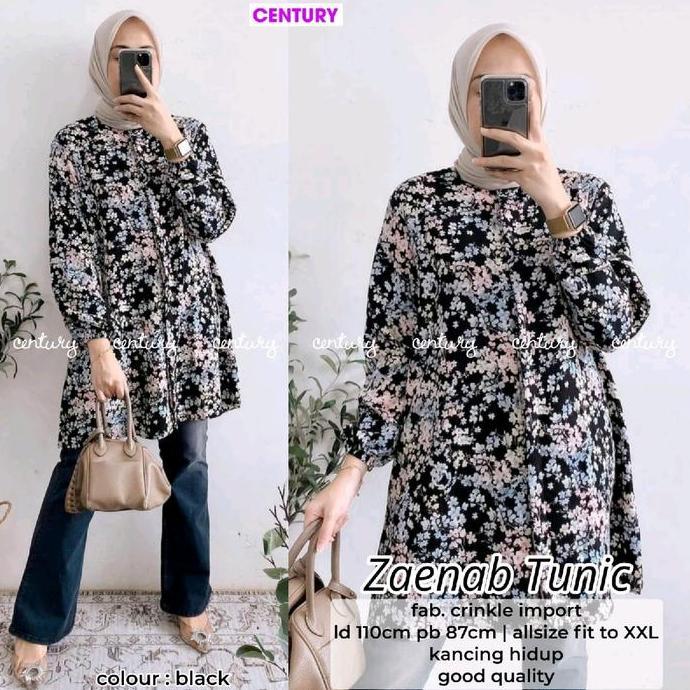OOTD Zaenab Tunik Wanita Dewasa Bunga Kecil Lengan Panjang Kasual airflow crinkle tunik putih hitam 