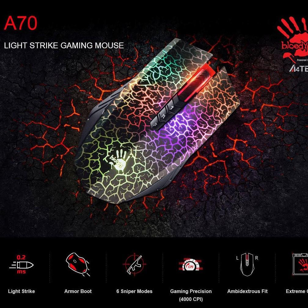Bloody A70 Light Strike Gaming Mouse (Drag Click Mouse) Activated Ultra Core 4 (Matte Black&Crack)