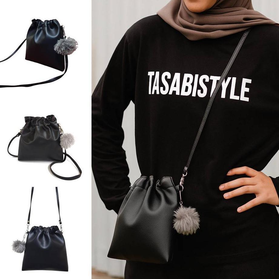 PROMO TERBARU SLING BAG KERUT POMPOM - Tas Mini Selempang Wanita + Gantungan Bulu Pom Pom Lucu Murah
