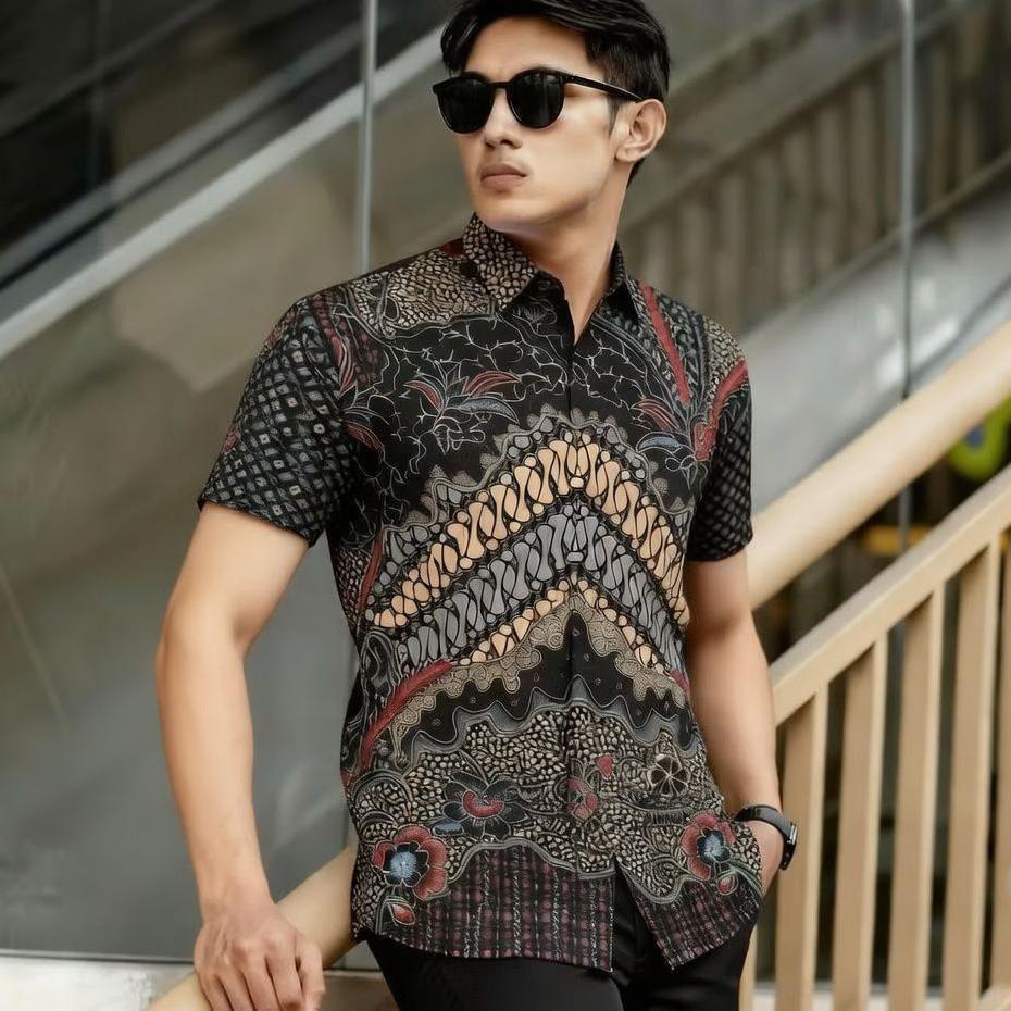 Batik Warna Agung Batik Manggar Abu Batik Pria Premium Lengan Pendek Hem Pria