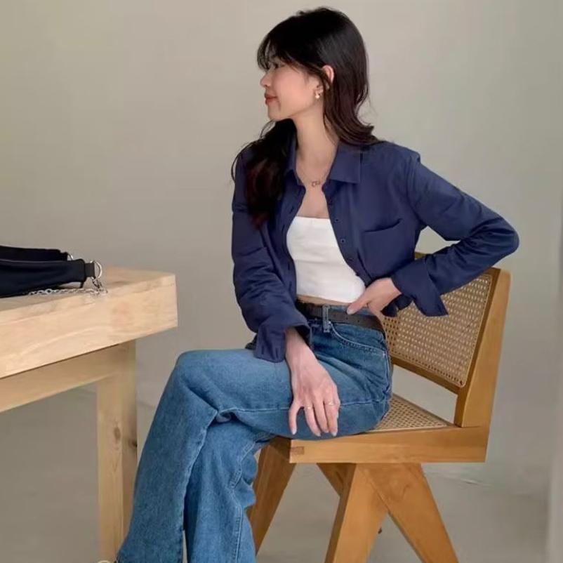 Disc Kemeja Crop Top Korean Style Kemeja Wanita Lengan Panjang / Kemeja Crop Top Lengan Panjang