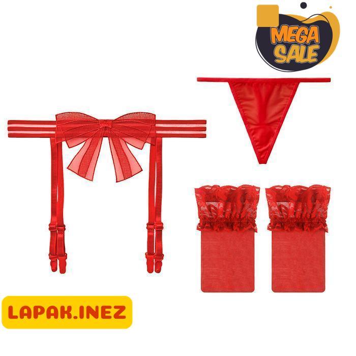 Set Lingerie Renda Transparan Garter Belt dan G String Wanita