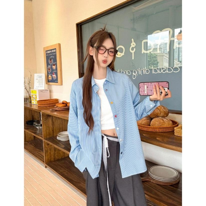Grade Ori Misco Blouse Wanita Elegan Dan Modis | Korea Style Garis Biru Putih Kancing Warna-Warni Ov