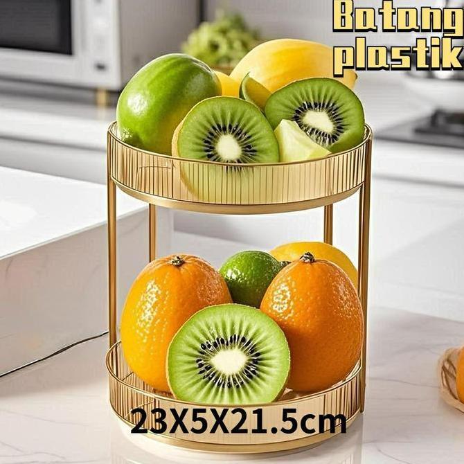 bulat gold  Tempat Buah Estetik Tingkat Susun 2 Bahan Besi Emas /  Keranjang Buah Gold PREMIUM 2 in 