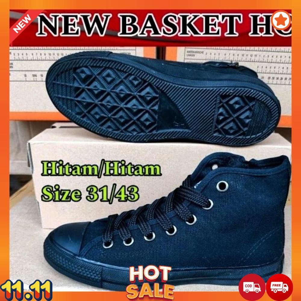 SEPATU SEKOLAH KERJA KULIAH PRIA WANITA HITAM POLOS NEW BASKET HC TINGGI TALI SIZE 31 SD 42 ORIGINAL