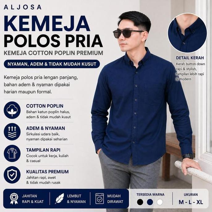 ALJOSA Kemeja Pria Polos Navy Biru Dongker Lengan Panjang Kerja kantor Slimfit Baju Cowok Hem Distro