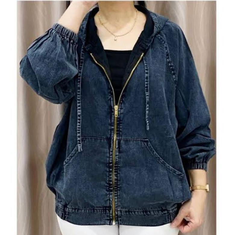 PREMIUM Jaket jeans Wanita Hoodie sleting zipper Ld 114 Resleting kekinian