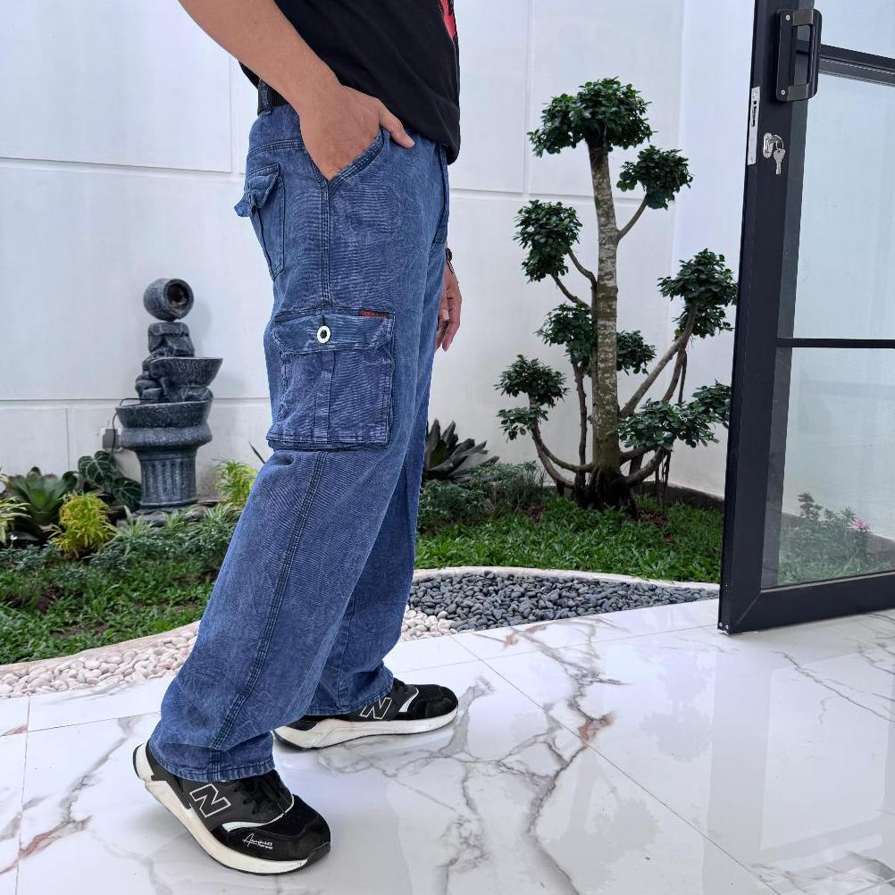 official celana cargo jeans panjang pria reguler standar loose fit cargo gombrong jeans pria