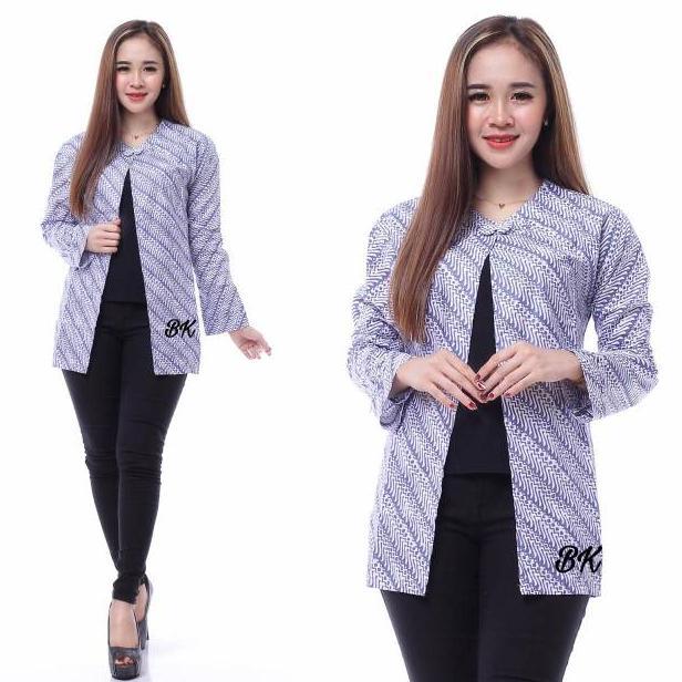 Grosir Bolero Outer Batik Wanita Modern Baju Kerja Kantor Wanita Biru Putih