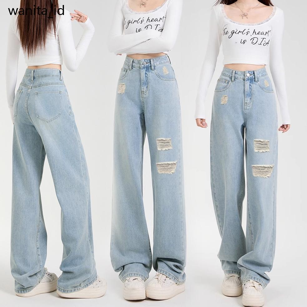 Promo Celana Sobek Jeans Wanita Celana Jeans Panjang Wanita Celana Kulot / Straight Wanita