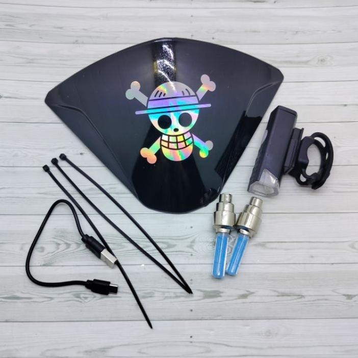 Paket Visor Sepedah Bmx Mx Old+Lampu Sepeda+Tutup Pentil Nyala Ban Free Tali Ties Dan Stiker Tengkor