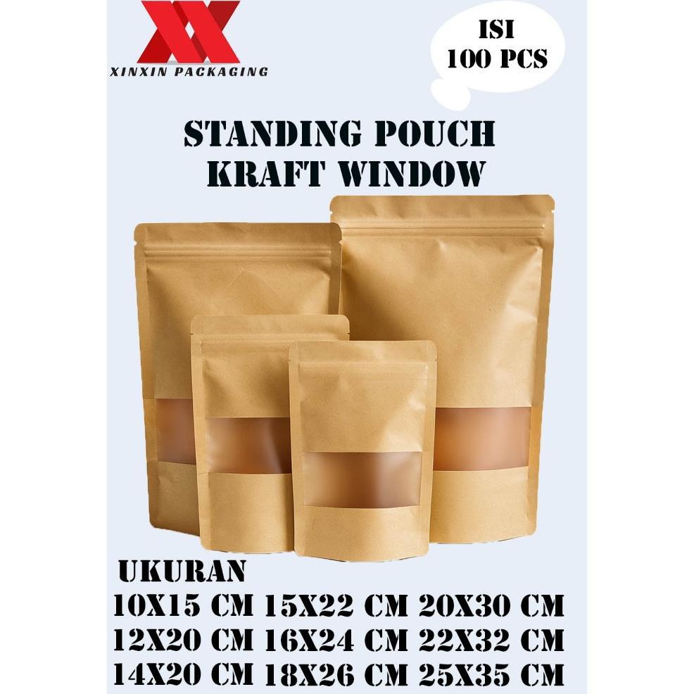 100 Pcs Standing Pouch Kemasan Makanan Kemasan Snack Standing Pouch Kraft Paper Window