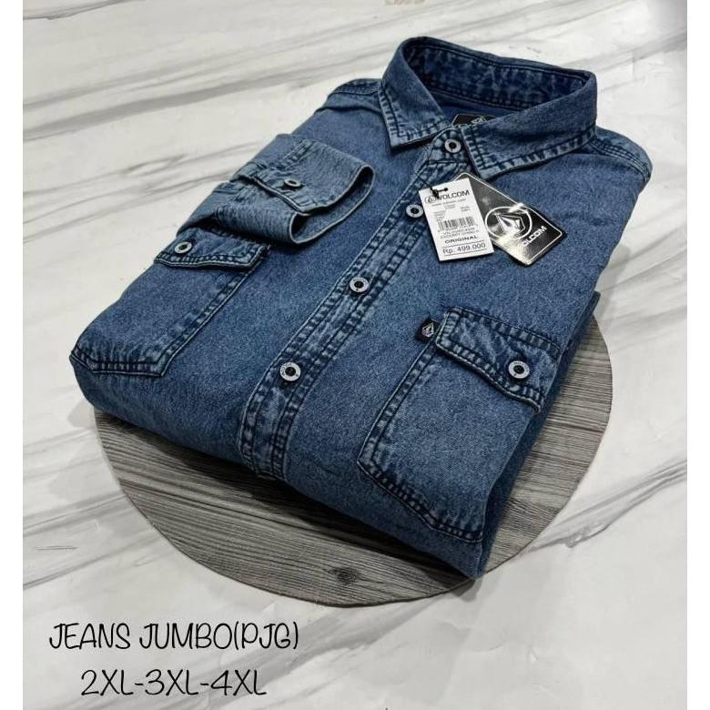 Free Ongkir Volcom Kemeja Jeans Pria Jumbo Premiuum (M,L,Xl,2,3,4Xl) Lengan Panjang , Denim Tebal Da