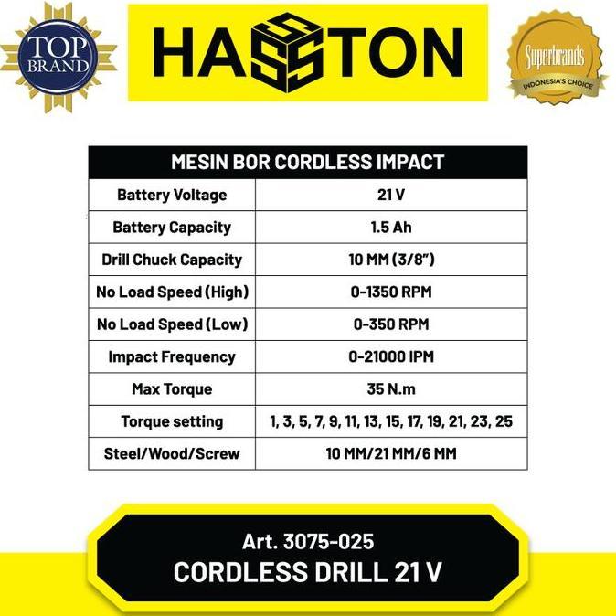 Hasston Mesin Bor Set Tanpa Kabel / Cordless Impact Drill (3075-025)