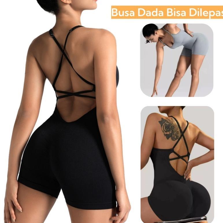 PROMO jumpsuit Setelan Yoga Wanita Seksi Jumper Baju Olahraga Punggung Terbuka 2026