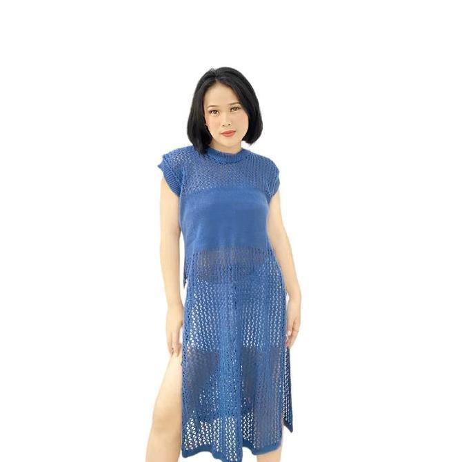 Inner Midi Dress Rajut Tanpa Lengan Model Jaring Tunik Muslim Atasan Wanita Korea Style Murah Tebal 