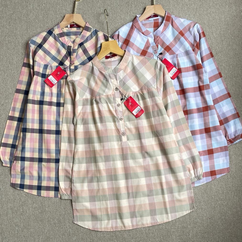 Free Ongkir Tunik 3C Blouse Wanita Motif Kotak & Bunga Kerah Shanghai Katun Premium & Rayon | Atasan