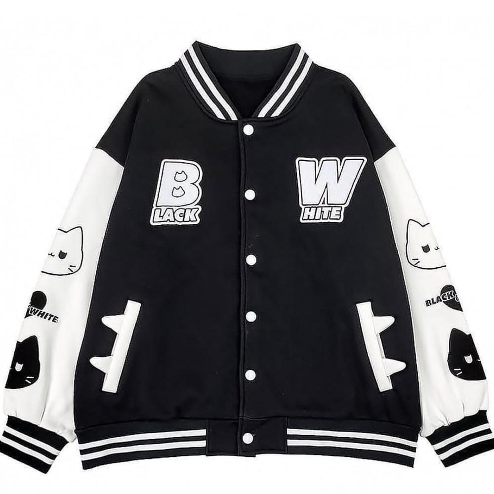 Diskon Jaket Baseball Black White Varsity Oversize - Jaket Baseball Oversize Wanita