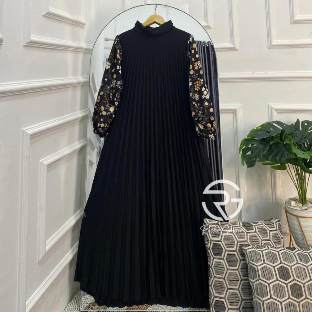 Rayya Long Dress Plisket Premium Motif Bunga Dress Wanita Maxi Plisket Kekinian