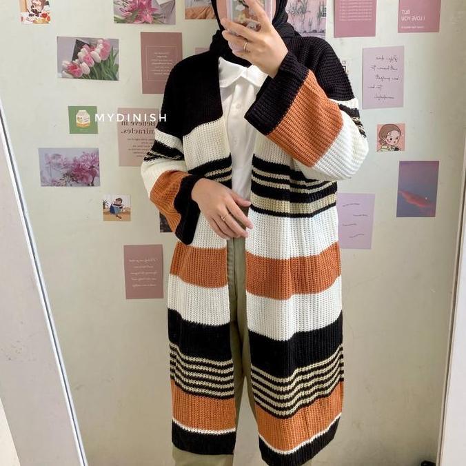 Lavenia Long Cardigan Rajut Wanita Motif Garis Kekinian Allshop
