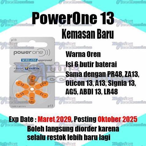 PowerOne Baterai Alat Bantu Dengar P13 Size 13 Voltage 1.45V Bebas Merkuri Cocok untuk ReSound Widex