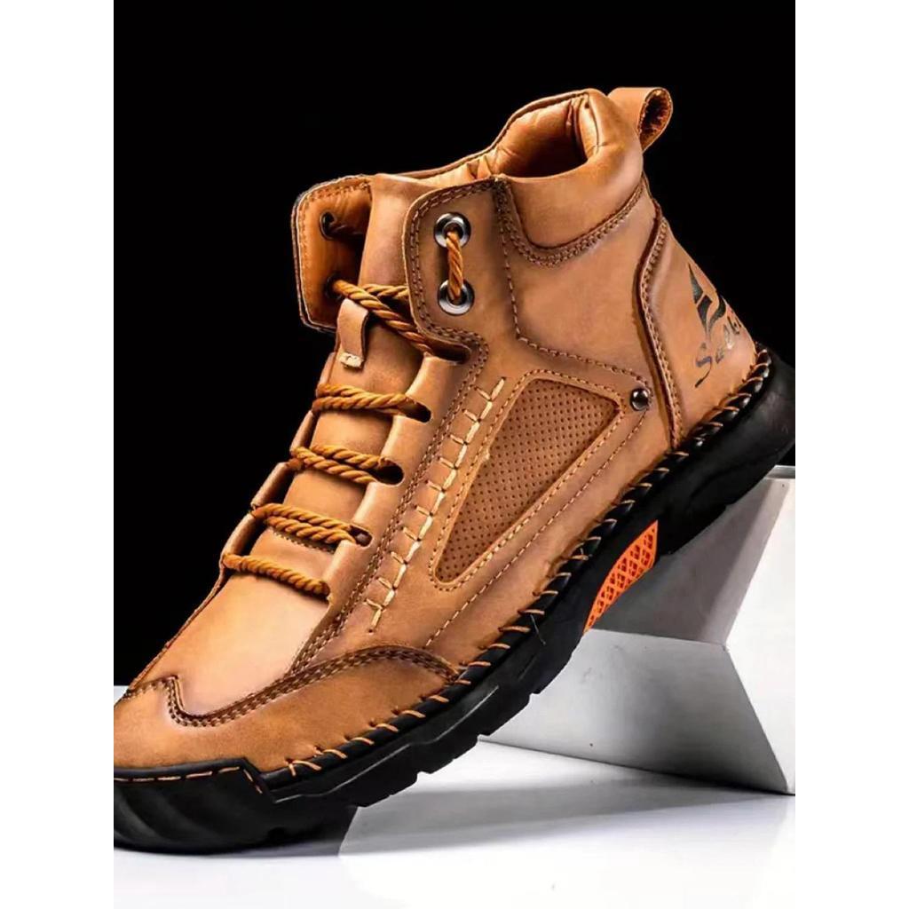 Men's Large Size Handmade Vintage Boots, Fashionable Lace-Up High-Top Casual Shoes, Spring and Autum
