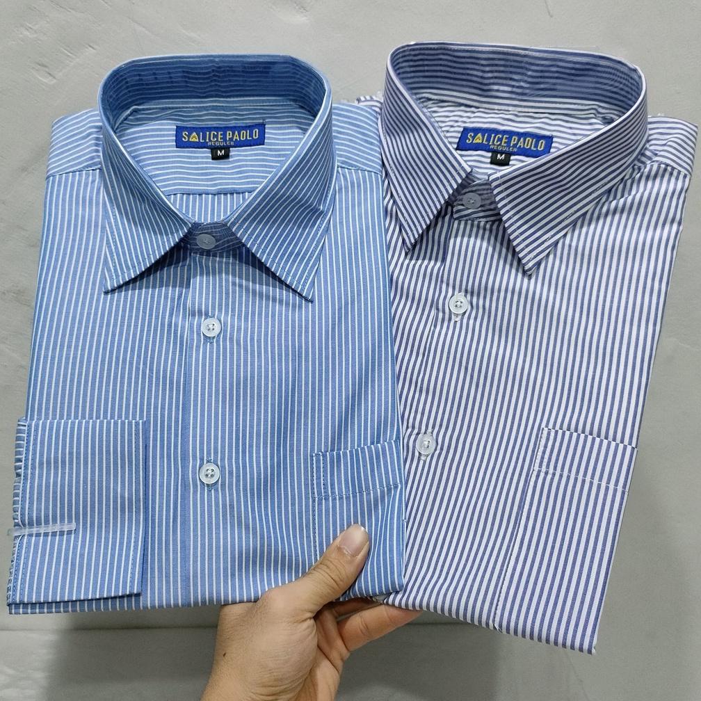 Kemeja Pria Salice Paolo Panjang Reguler Motif Salur Rotan Biru Putih