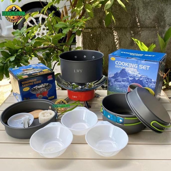 Paket Hemat Cooking Set dan Kompor alat Masak Camping Portable panci