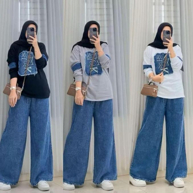 Set celana kulot  jeans mix kaos combad NY