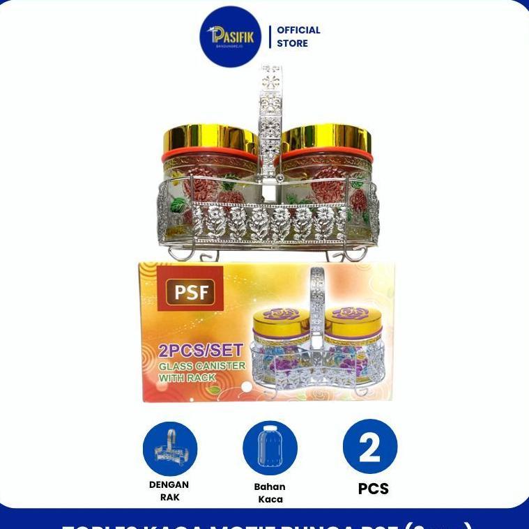 Toples Kaca Motif Bunga Dengan Rak / Toples Kaca Lebaran ( Isi 2 )