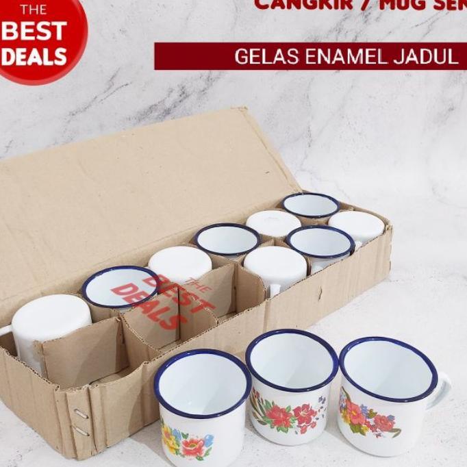 1 Lusin Gelas Kopi + Teh Enamel Motif Bunga Jadul / Cangkir Enamel Jadul Super Murah