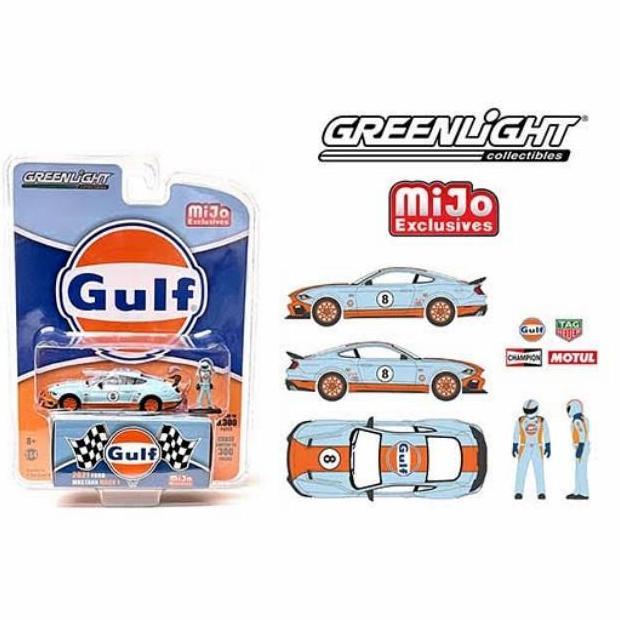 1/64 Greenlight 2021 Ford Mustang Mach 1 Gulf w/ Figure MiJo Exclusive
