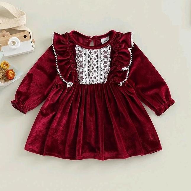 3 Bulan 7 Tahun Dress Baju Anak Bayi Perempuan Princess Burgundry Renda Gaun Anak Bludru