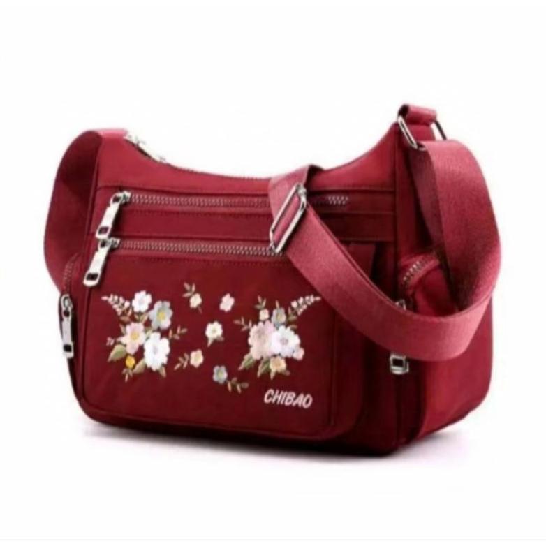 Awet Tas Selempang Wanita Chibao 8896 -11 Motif Bunga Bordir Dengan Resleting Samping Banyak Ruang C