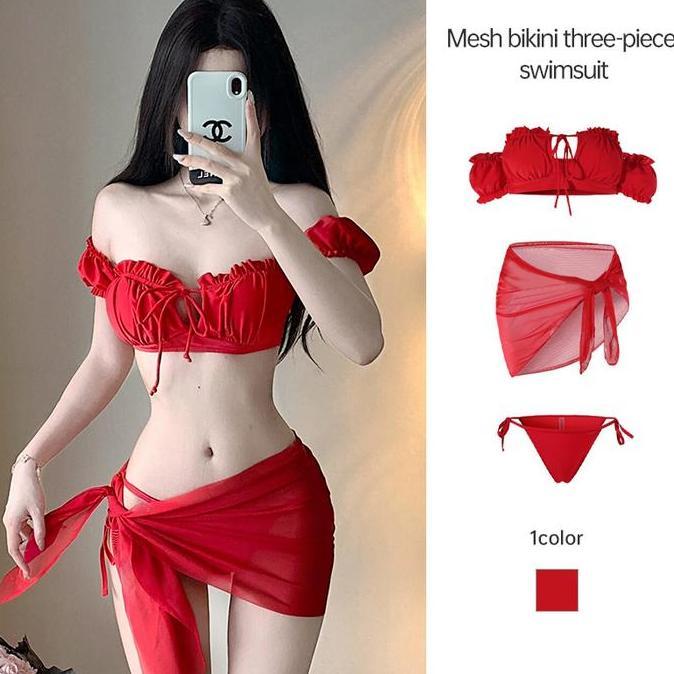 Red Sexy Bikini 3-piece Set Hot Spring Baju Renang kelas atas Wanita Baju Renang Renda Lingerie Tidu