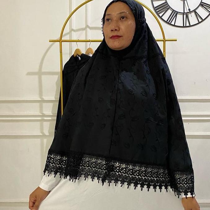 Bergo Haji Umroh Bahan Katun Paris Bordir Premium Hijab Instan Kerudung Lamaya Renda Ziper