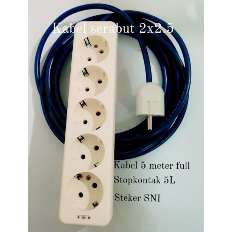 Kabel Roll Kabel Lentur  Kabel Serabut 2X2.5 Panjang 5 Meter Full + Stopkontak 5 Lubang + Steker Col