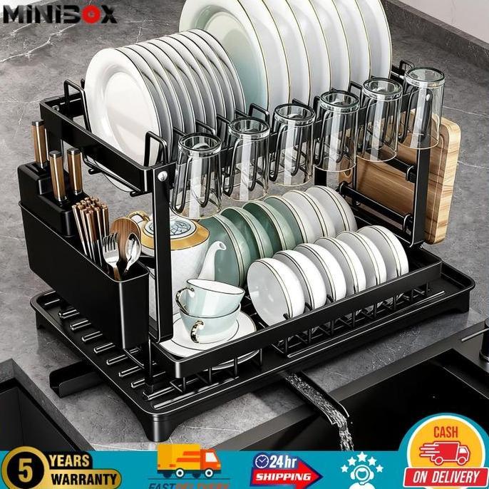 ernarahmatih - minimalisbox rak piring stainless steel ganda lapisan dapur rak piring dengan piring 