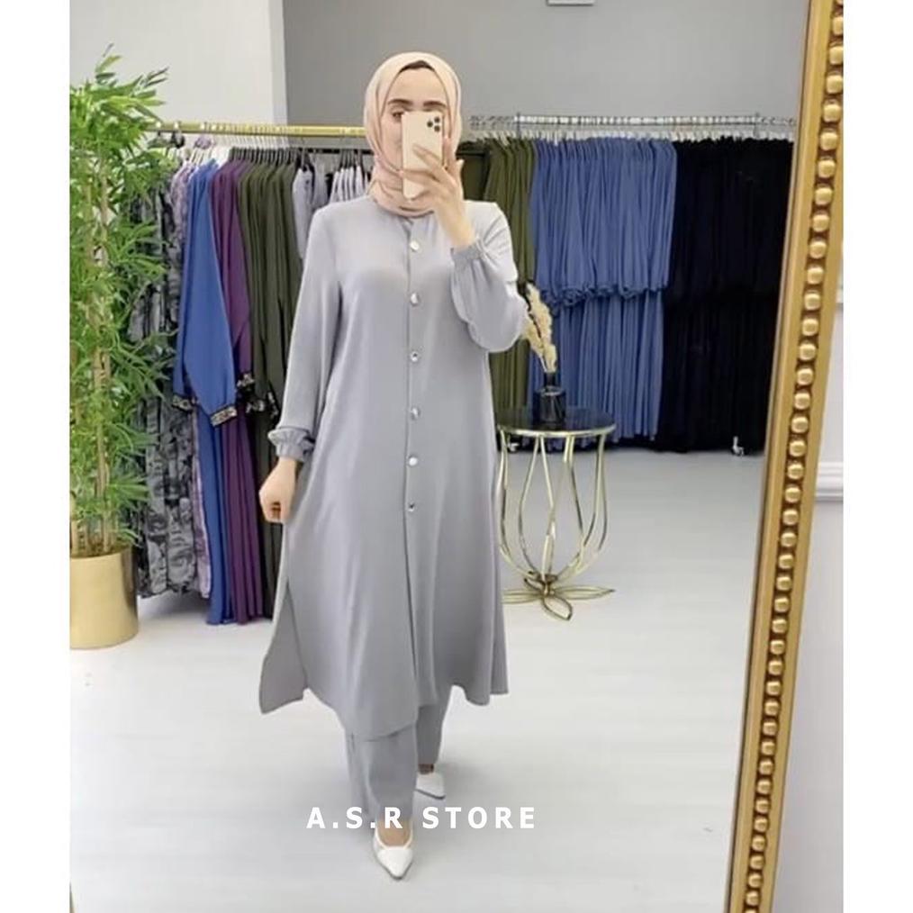 BEST DEALS ONE SET GOLDISH DAILY BUSUI LONG TUNIK MUSLIM SUDAH TERMASUK CELANA SIZE KUMPLIT S M L XL