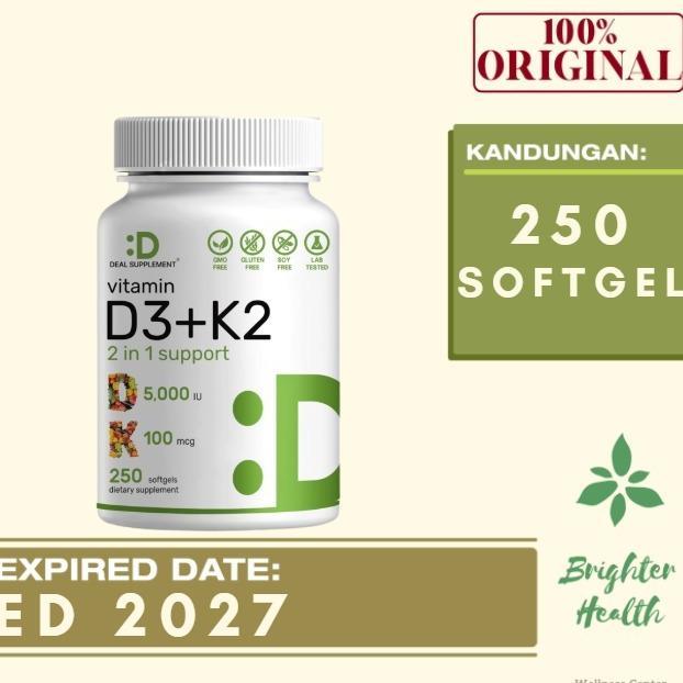 Deal Vitamin D3 5000Iu + K2 100Mcg (Mk-4)(Mk-7) Vitamin D3 5000 Iu 250 Softgel