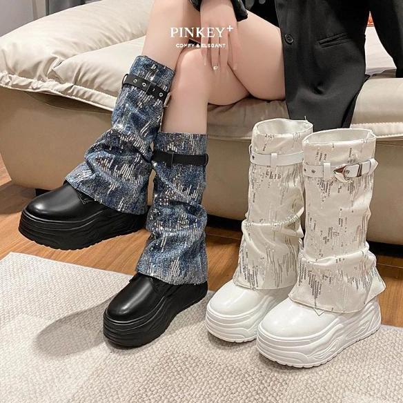 PINKEY P391 Sepatu Long Boots Wanita Sepatu Martin Tinggi Boot Fashion Shoes Karet Putih