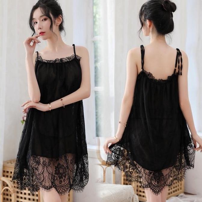 [PERPAJ] Baju Tidur Piyama  Dress Lingerie Wanita Dewasa Fit Daster Panjang Polos Renda Brukat Kimon