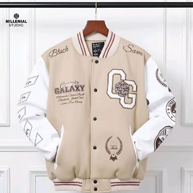 Varsity Jacket Cosmic Galaxy Cream White Blackseven | JAKET BASEBALL BORDIR ORIGINAL Jaket Pria wani