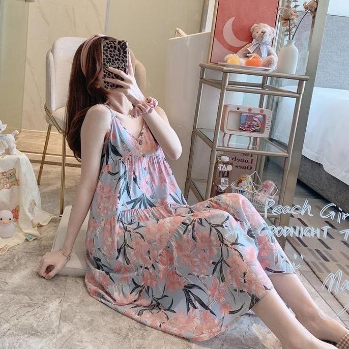 AKLOVER [COD] Rok Long Nightdress of New Suspender, Piyama Longgar dan Nyaman Pakaian Rumah Jepang M