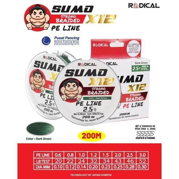 Senar pancing braid PE line Sumo X12 200m hijau senar PE 200m senar joran Reel