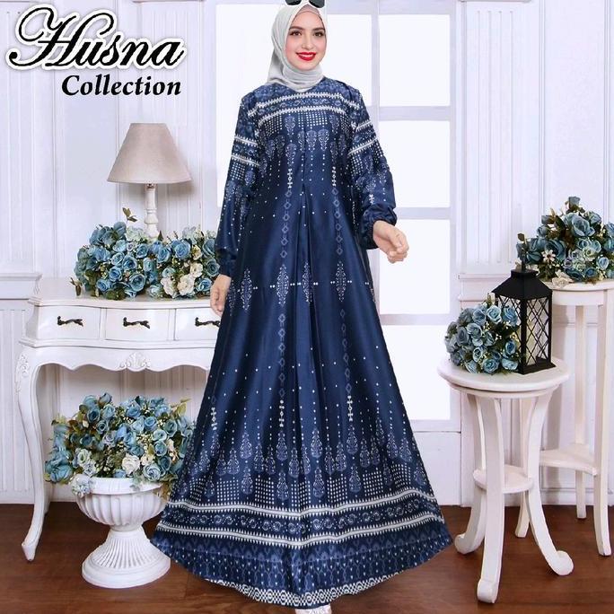 Khza- Husna Collection Gamis Silk Shakila Kain Maxmara Motif Dress Lebaran Muslim Panjang Desa Syari
