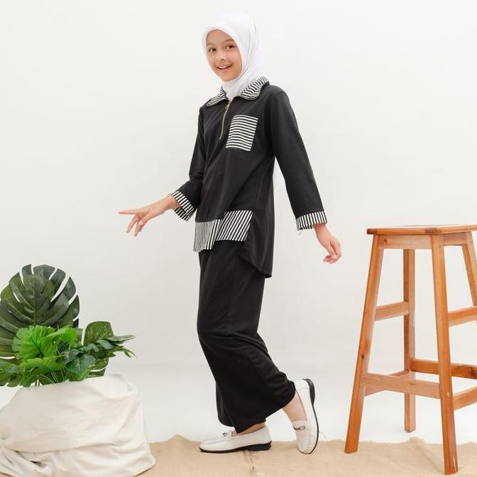 Applekidz Setelan Celana Anak Perempuan Tanggung Nazwa Black Fashion Muslim Baju Tunik Katun Remaja 