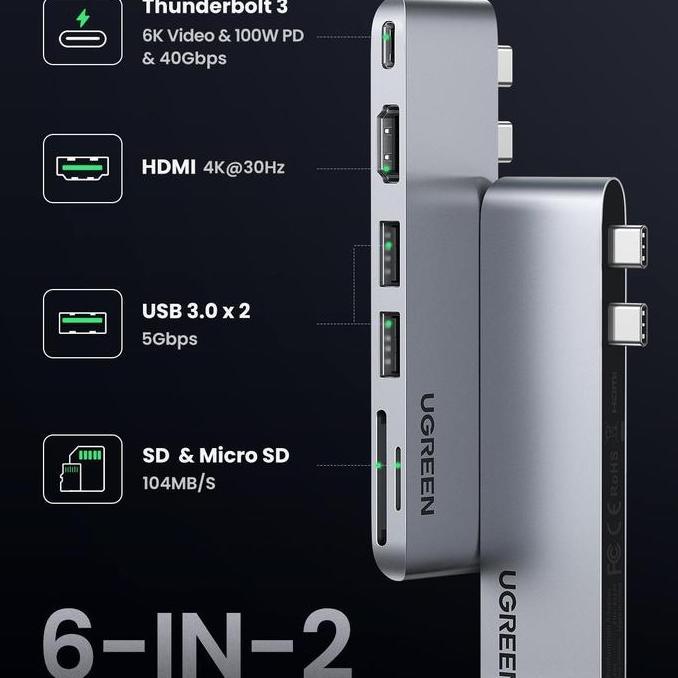 HUB UGREEN USB TYPE C FOR MACBOOK LAPTOP THUNDERBOLT 3 MULTI PORT USB 3.0 HDMI SD / TF